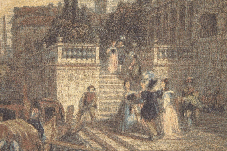 May include: A vintage illustration showing a group of people standing on a stone staircase in front of a building. The people are dressed in 19th-century attire and are looking at the viewer. The building has a balcony with a railing and a stone wall.