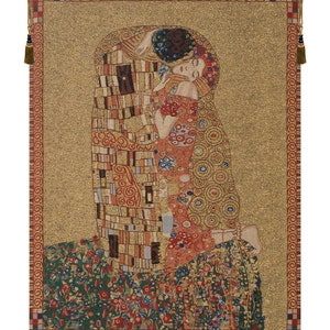 Klimt&#39;s Kiss Tapestry: European Woven Wall Hanging, Bronze Art