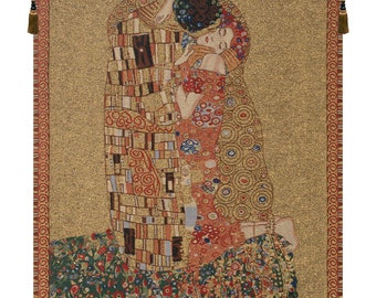 Klimt's Kiss European Wall Tapestry - Gustav Klimt Art Wall Hanging - Medieval Wall Décor Art - Decorative Bronze Background Wall Art