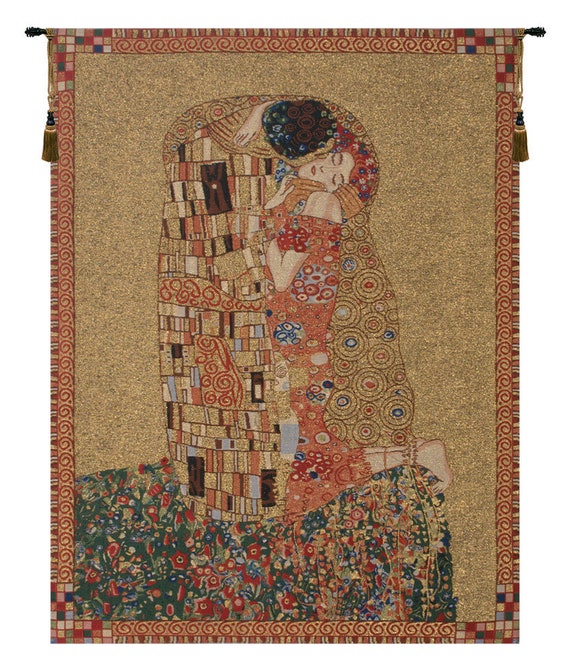 Klimt's Kiss Tapestry: European Woven Wall Hanging, Bronze Art