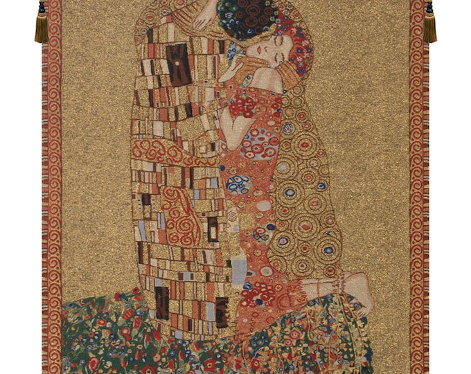Klimt's Kiss Tapestry: European Woven Wall Hanging, Bronze Art