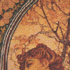 May include: Close-up of a tapestry featuring a woman's profile with auburn hair, set against a backdrop of warm orange and brown tones. The artwork includes floral and tree branch motifs, framed by a decorative border.