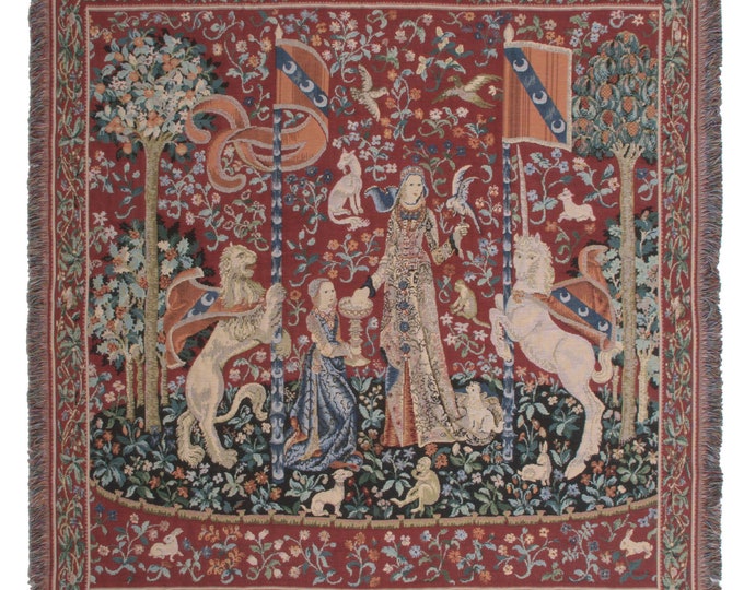Lady and Unicorn Medieval Tapestry Throw 58x58 inch - Belgian Woven Wall Hanging Blanket