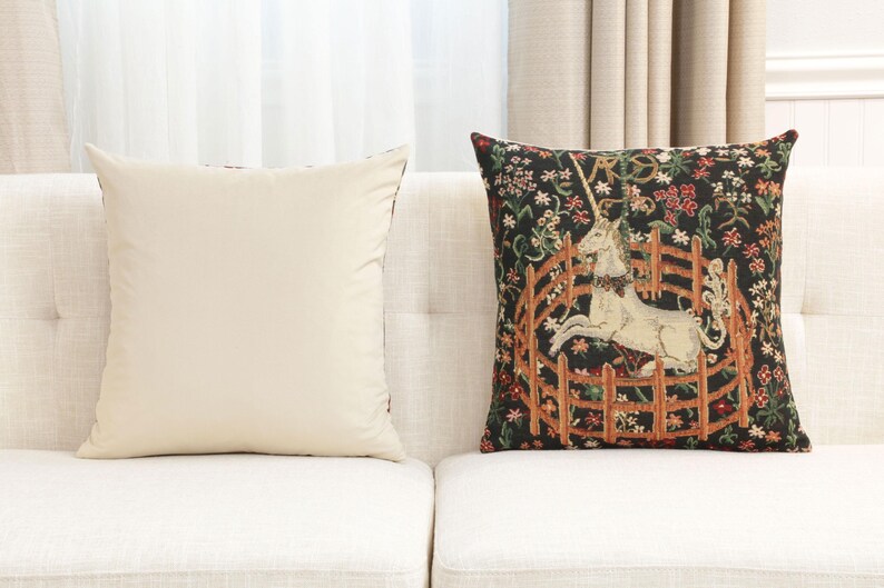 Belgian Woven Unicorn Millefleurs Tapestry Pillow Cover 16x16 Inch - Fantasy Home Decor Cushion Gift image 6