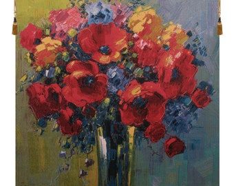 Poppy Bouquet by Pejman European Wall Tapestry - Flower Bouquet Jacquard Tapestry Wall Décor Art - Red Floral Woven Decorative Wall Hanging