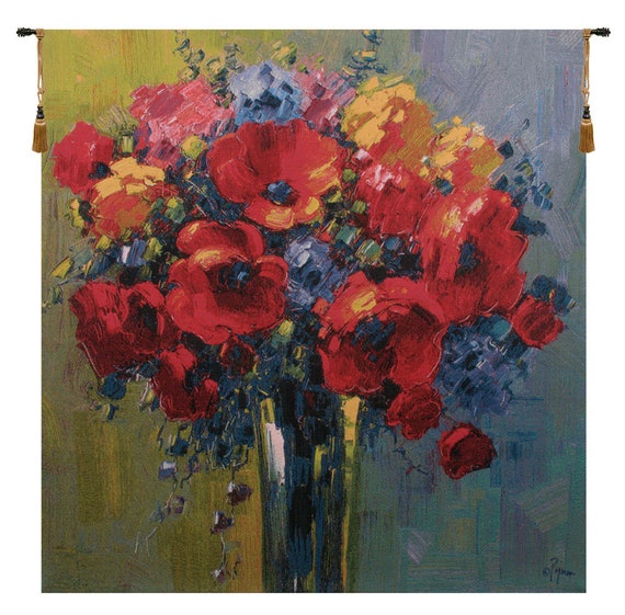 Poppy Bouquet Tapestry: Pejman Floral Woven Wall Decor (64x64 inch)