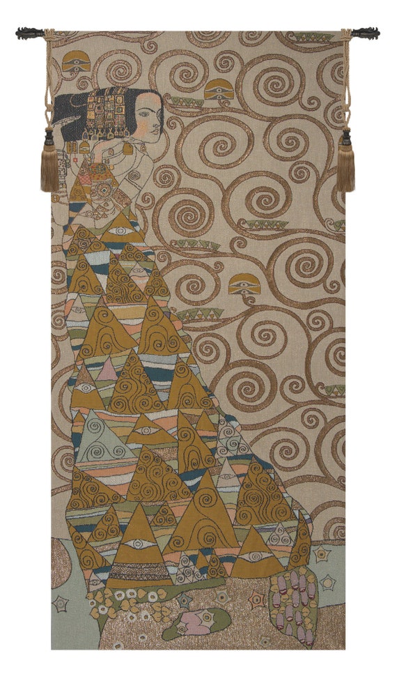 L'Attente Klimt Tapestry: Woven Jacquard Art, Medieval Lady Wall Hanging
