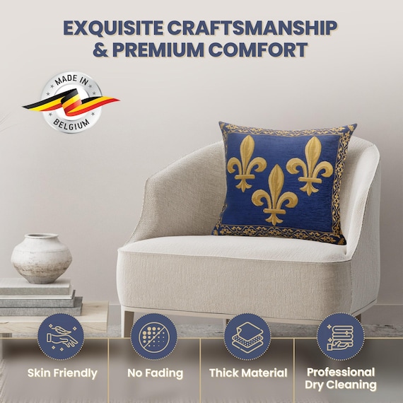 Fleur de Lys Blue Velvet Pillow Cover: Gobelin Woven Cotton Throw Pillow