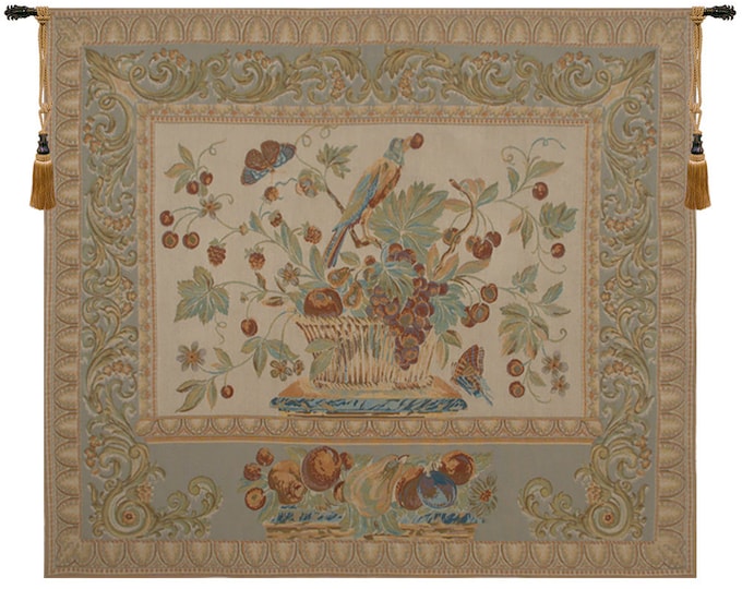 Belgian Floral Wall Tapestry: The Jay in Beige, European Art (52x60 inch)