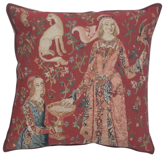 Belgian Tapestry Cushion Cover: Lady and Unicorn, Millefleurs Pillow (17x17 inch)