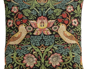 William Morris Floral Pillow Covers 18x18 inch, Belgian Woven Tapestry Couch Cushion Covers, Strawberry Thief A Black Sofa Pillow Cases