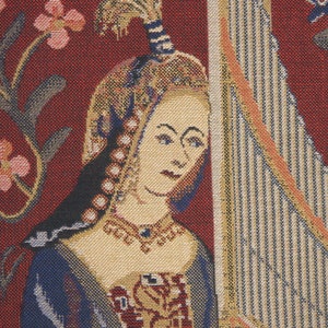 May include: A tapestry featuring a woman in a blue and gold dress playing a harp. The tapestry has a red background with floral designs.