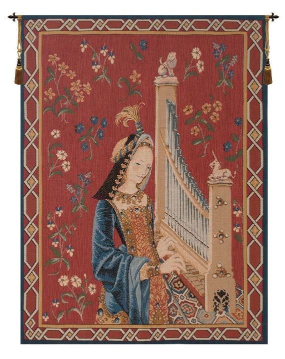 Dame A La Licorne Tapestry: French Woven Millefleurs Wall Hanging