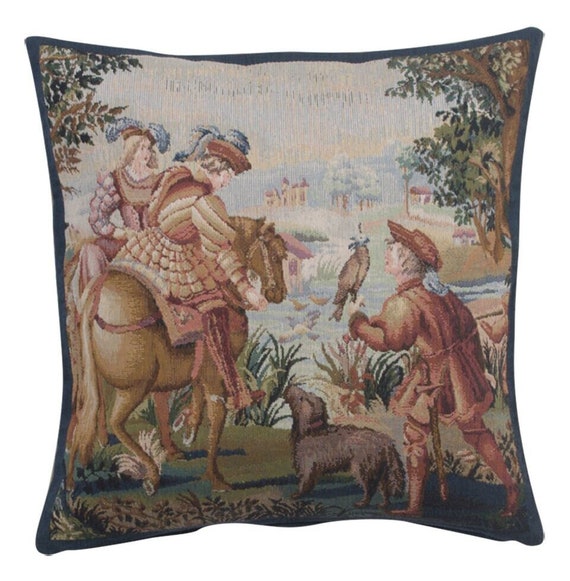 Falcon Tapestry Cushion Cover: Belgian Woven Jacquard Pillow (17x17 inch)