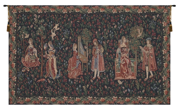 Millefleurs Tapestry: Courtly Scene, Medieval Woven Wall Art