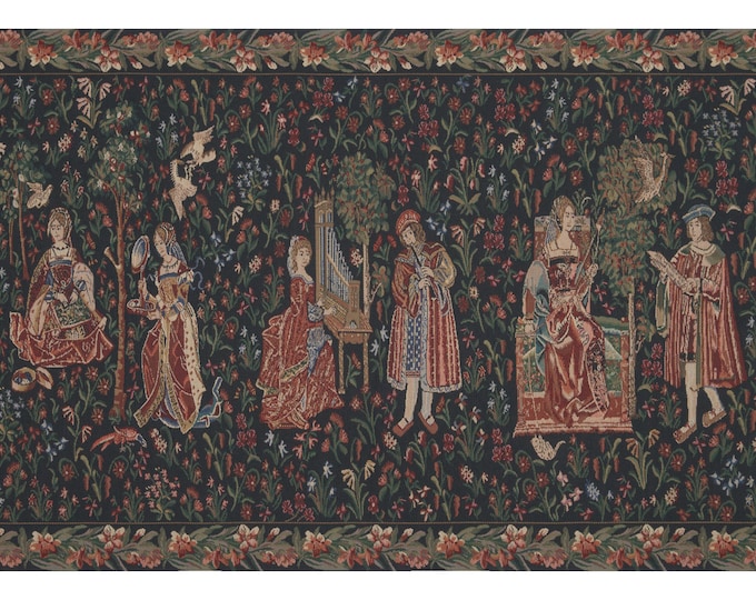 Millefleurs Tapestry: Courtly Scene, Medieval Woven Wall Art