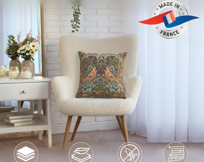 William Morris Inspired Bird Tapestry Cushion Cover - 14x14  Inch Jacquard Art Pillow Case