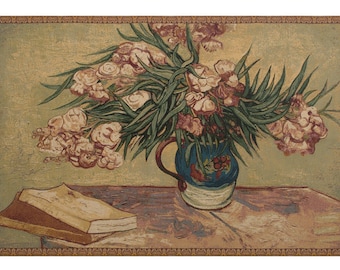European Wall Tapestry Oleanders & Books Wall Art, Italian Bedroom Wall Decor, Van Gogh Flower Woven Wall Hanging Tapestry Gift For Him/Her