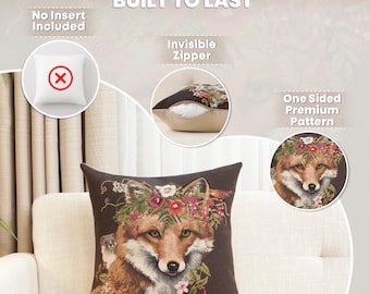 Forest Fox Brown Tapestry Pillow Cover 18x18 Inch - Belgian Woven Cushion Cover - Animal Decorative Throw Pillow for Couch & Sofa