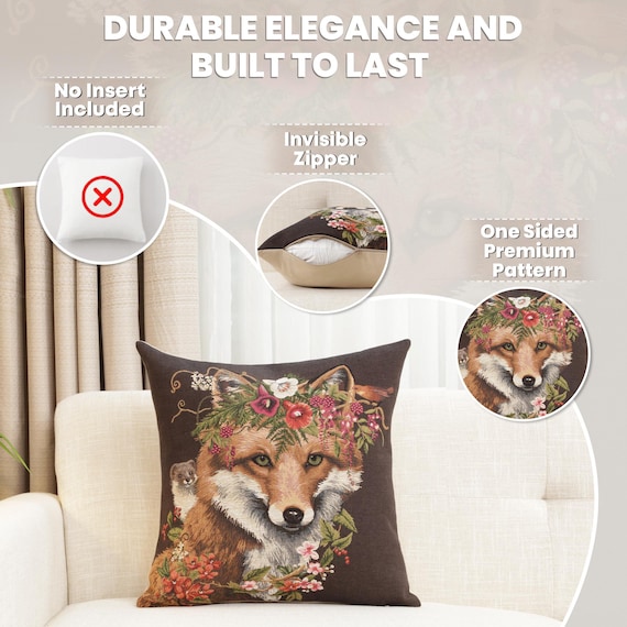 Woven Belgian Tapestry Pillow Cover: Forest Fox Throw Cushion 18x18