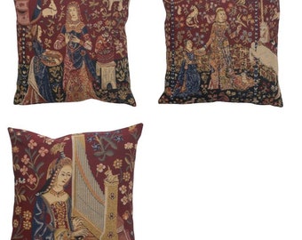 Lady and the Unicorn Belgian tapestry Cushion Cover, Jacquard Pillow Covers, Medieval Sofa Cushion Cover