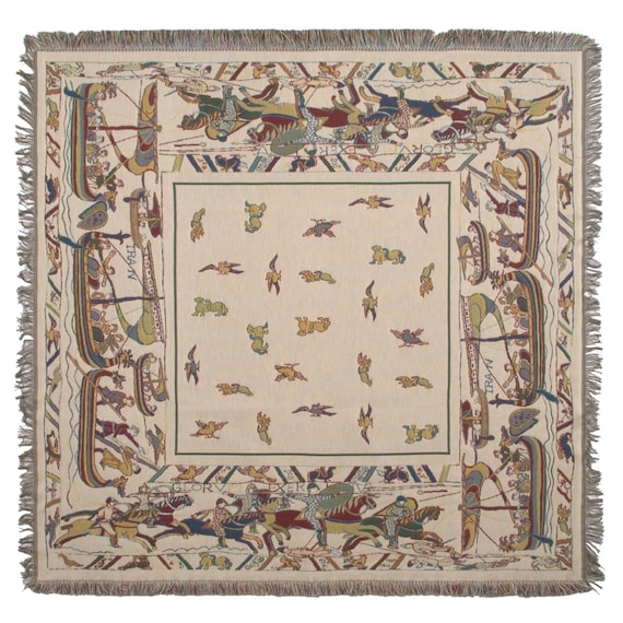 Bayeux Tapestry Throw: Belgian Woven Medieval Bird Art Blanket - 58x58 inch Norman Conquest Decor