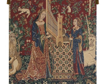 Lady and the Organ III European Wall Tapestry - Millefleurs Background Woven Wall Art - Lady & Unicorn Wall Tapestry Hangings