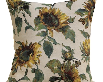 Sunflower Tapestry Cushion Cover Botanical Floral Woven Jacquard Belgian Throw Pillow 18x18 in