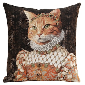ジンジャーキャット ベルギータペストリークッションカバー 18 x 18インチ - ジャカード織りロイヤルキャット枕カバー - 猫好きの方へのギフト