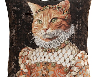Belgian Woven Ginger Cat Tapestry Cushion Cover Royal Pet Throw Pillow Decorative Home Decor Gift 18x18