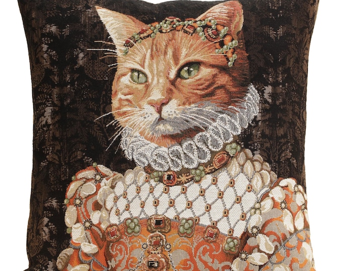 Belgian Woven Ginger Cat Tapestry Cushion Cover Royal Pet Throw Pillow Decorative Home Decor Gift 18x18