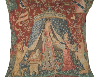 A Mon Seul Desir Large Tapestry Cushion Cover - Medieval Woven French Pillow Cover - 19x19 inch Jacquard Decorative Sofa Pillow Cover