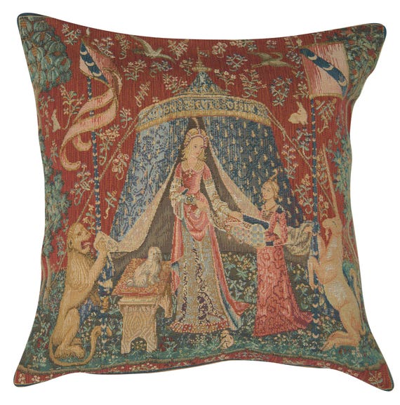 A Mon Seul Desir Tapestry Cushion Cover: Medieval French Jacquard Pillow (19x19 inch)