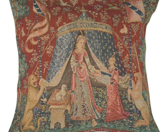 A Mon Seul Desir Tapestry Cushion Cover: Medieval French Jacquard Pillow (19x19 inch)