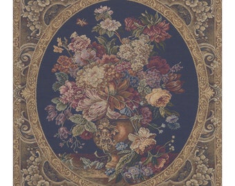 Floral Composition in Vase Dark Blue European Wall Tapestry - Flower Bouquet Jacquard Wall Art - Decorative Woven Wall Hanging
