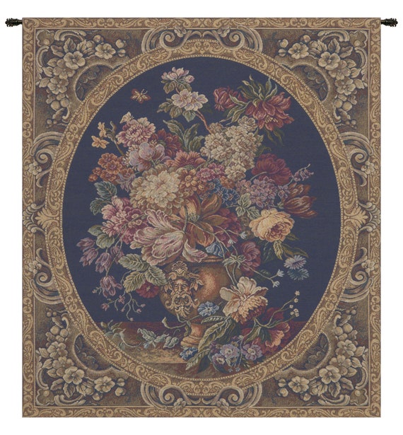Floral Vase Tapestry: Dark Blue European Jacquard Wall Art
