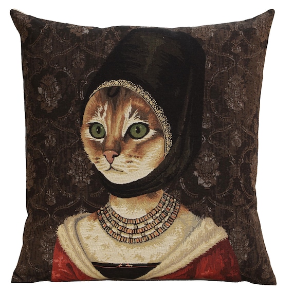 Cat with Hat Tapestry Pillow Cover: Belgian Jacquard, 18x18 inch