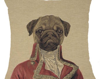 Commodore Pug Tapestry Pillow Cover: Belgian Woven Military Dog Cushion