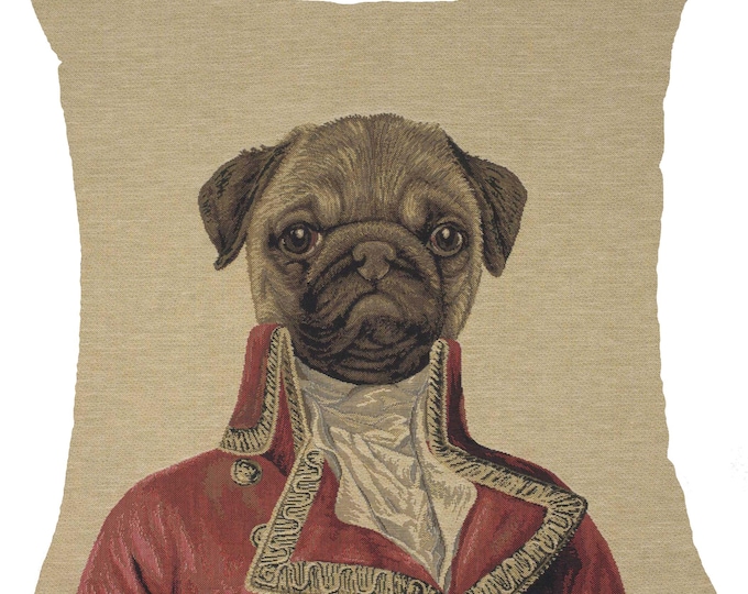 Commodore Pug Tapestry Pillow Cover: Belgian Woven Military Dog Cushion