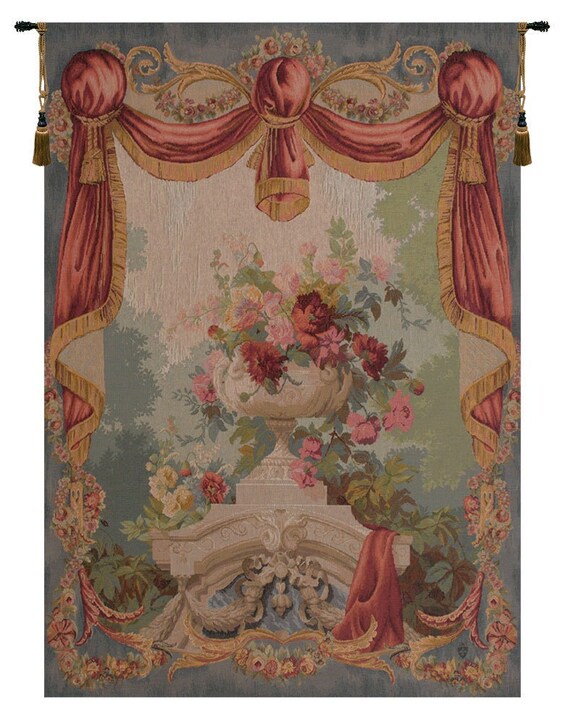 French Floral Wall Tapestry: Woven Jacquard, Drape Fleuri Design