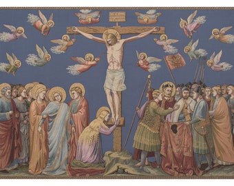 Crocifissione European Wall Tapestry - Jesus Religious Wall Decor Art - Woven Italian Wall Tapestry - Saints and Angles Wall Hanging