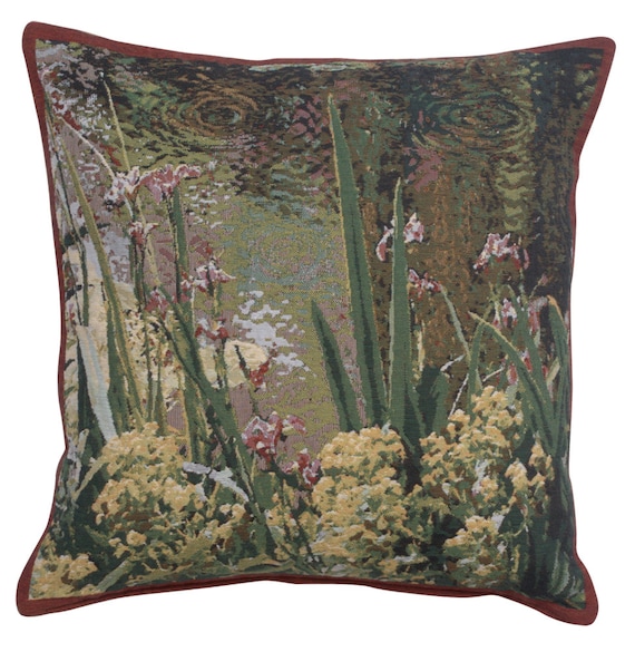 Monet's Garden Belgian Tapestry Cushion Cover - 17x17 Inch Woven Jacquard Floral Pillow