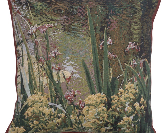Monet's Garden Belgian Tapestry Cushion Cover - 17x17 Inch Woven Jacquard Floral Pillow