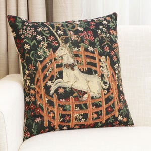 Belgian Woven Unicorn Millefleurs Tapestry Pillow Cover 16x16 Inch - Fantasy Home Decor Cushion Gift image 2