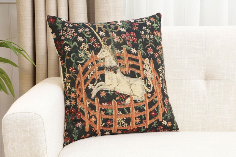 Belgian Woven Unicorn Millefleurs Tapestry Pillow Cover 16x16 Inch - Fantasy Home Decor Cushion Gift image 2