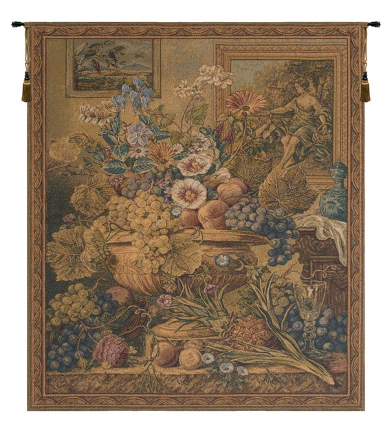 Floral Bouquet Tapestry: Belgian Woven Jacquard Wall Hanging, 31x26