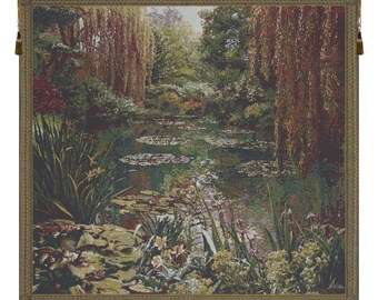 Monet's Garden III Small with Border European Wall Tapestry - Floral River Seine Wall Décor Art - Decorative Jacquard Wall Tapestry Hanging