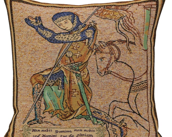 French Tapestry Cushion Cover: Medieval Knight Pillow, 16x16 inch