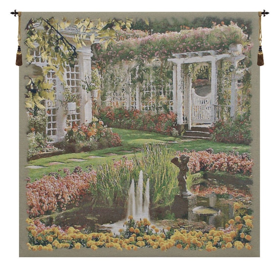 Belgian Woven Garden Tapestry: Floral Landscape Wall Decor (54x56 inch)