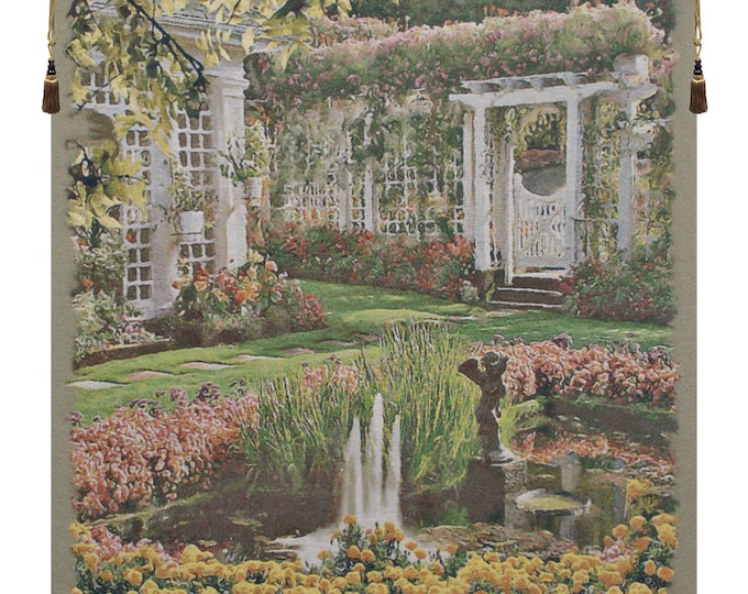 Vintage Belgian Floral Garden Tapestry: Large Woven Landscape Wall Art for Elegant Home Decor